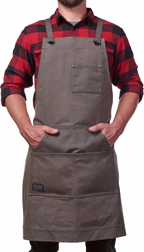 Hudson Durable Goods Heavy Duty Waxed Canvas Work Apron with Tool Pockets (Black), Cross-Back Straps & Adjustable M to XXL (Grey) by HudsonDurableGoods