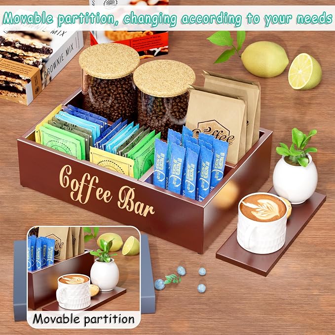 Coffee Station Organizer for Countertop, Wooden Coffee Bar Organizer with Removable Dividers, Farmhouse Coffee Pod Holder Storage Basket for Cocoa Tea Cup Dispenser, Coffee Bar Accessories Storage - Image 3