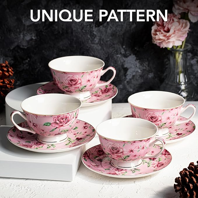 BTaT- Floral Tea Cups and Saucers, Set of 4, 8 oz, Fine Porcelain Teacup Set with Gold Trim for Afternoon Tea, Weddings, Parties & Gifting, Dishwasher Safe and Freezer Safe