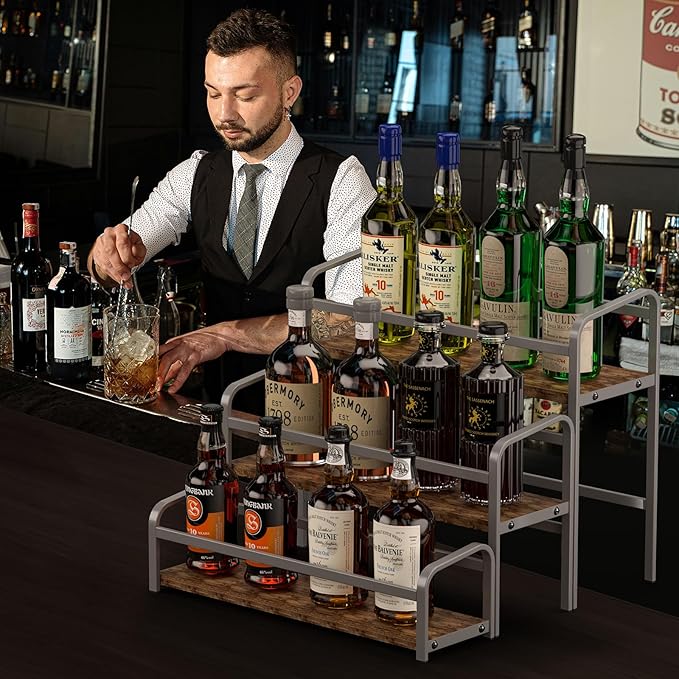 DTUQYX Coffee Syrup Organizer 3-Tier, 12 Bottles Capacity Coffee Syrup Rack, Syrup Stand for Spice, Wine, Liquor, Bottle, Coffee Bar Station Racks Magnetic, No Installation (Dark-Colored Wood, Grey)