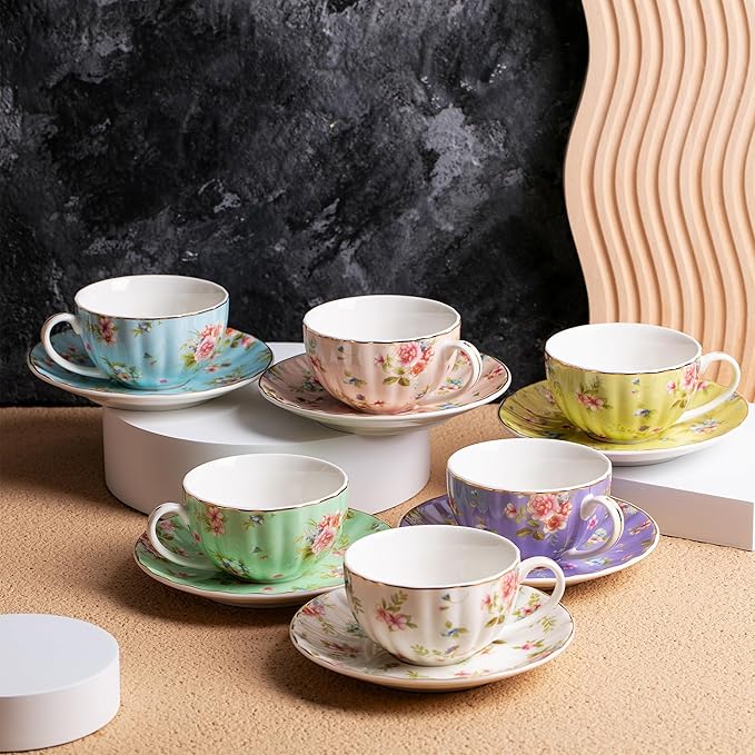BTaT- Floral Tea Cups and Saucers Set of 6 (7 oz), Porcelain Tea Cups Set of 6, Pastel Bloom Design with Gold Trim, Dishwasher & Freezer Safe