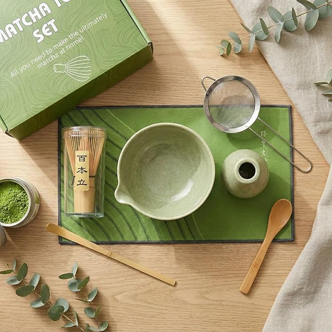Matcha Whisk Set 9 Pcs | 19oz Ceramic Matcha Bowl with Bamboo Whisk & Holder, Sifter, Chashaku Scoop, Wooden Spoon, Scoop Rest, Tea Towel & Gift Box | Complete Matcha Set Kit for Matcha Lovers