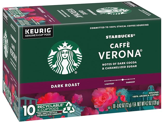 Starbucks Caffe Verona Coffee K-Cup Pods, Dark Roast Arabica Coffee, 20 Count (Pack of 2 Boxes)