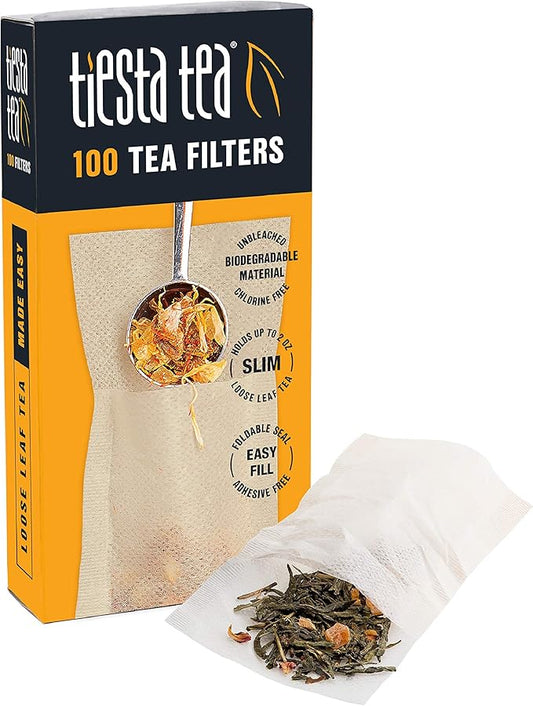 Tiesta Tea Loose Leaf Filters for Brewing, Disposable Infuser for Hot & Iced Drinks, Easy-Fill Steeper, Unbleached Paper, Single-Cup Infuser for Loose Leaves, 100 Empty Bags (6 pack)