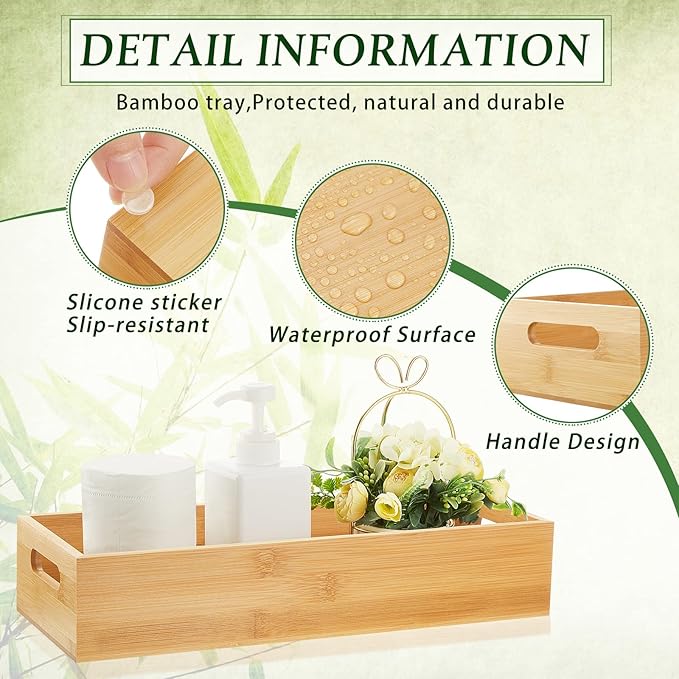 2 Pcs Wood Toilet Paper Basket Bamboo Toilet Paper Tank Topper Wooden Tray for Bathroom Bamboo Organizers and Storage with Handles Kitchen Box with 10 Pcs Silicone Non Slip Pad for Pantry