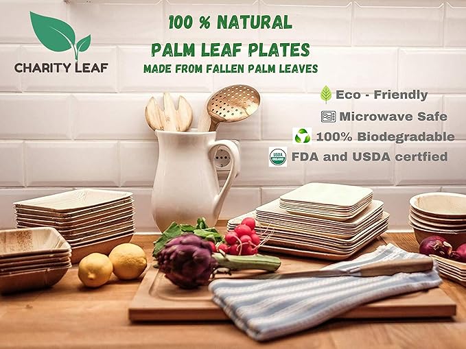 Charity Leaf Disposable Palm Leaf 12" x 10" Trays (10 pieces) Bamboo Like Serving Platters, Disposable Boards, Eco-Friendly Dinnerware For Weddings, Catering, Events