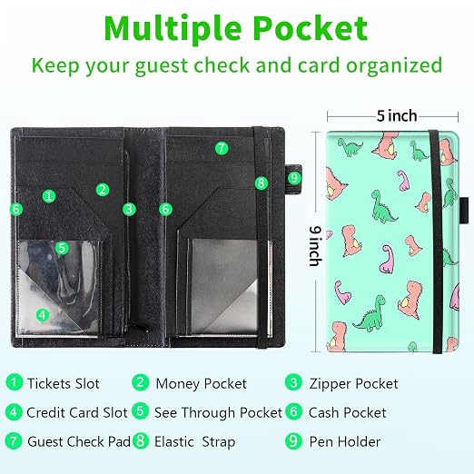Server Books for Waitress, 5x9 Inch Waitstaff Server Order Pads, 11 Large Pockets, Cute PU Leather Waitress Book Server Wallet with Elastic Band Fit Server Apron,Cute Dinosaur - Image 3