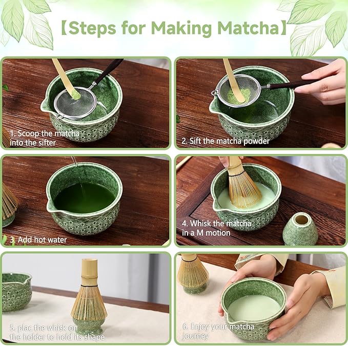 7 Pcs Matcha Whisk Set, Ceremony Matcha Kit with Matcha Bowl, Bamboo Whisk and Holder, Scoop and Scoop Rest, Sifter and Tea Towel, Gift for Matcha Lovers (Mottled Green/Wave-Patterned)
