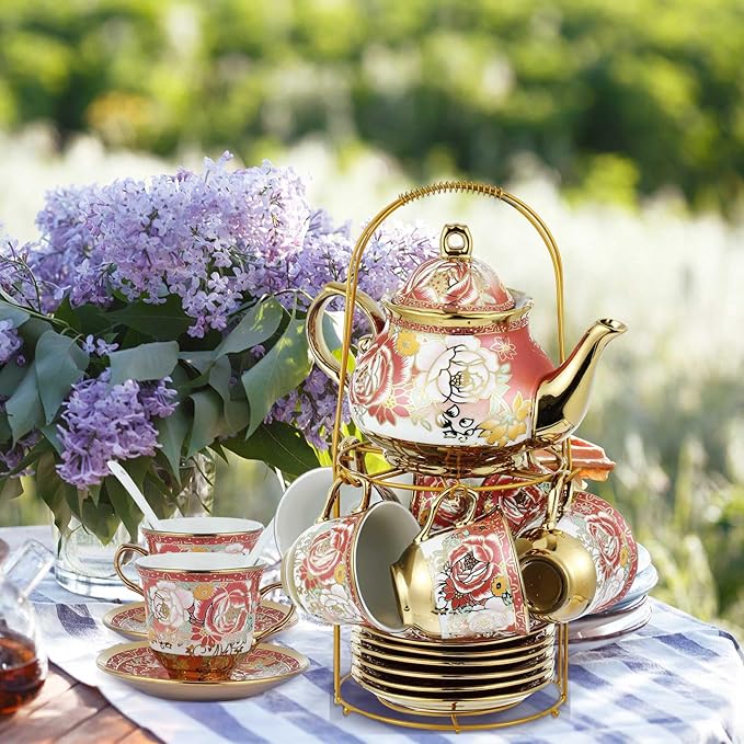 Zhehao 20 Pcs Porcelain Tea Set with Metal Holder and Spoon Adult Ceramic Tea Set European Flower Painting Teapot Cup Saucer Spoon for Women, Large Version(Noble Style)