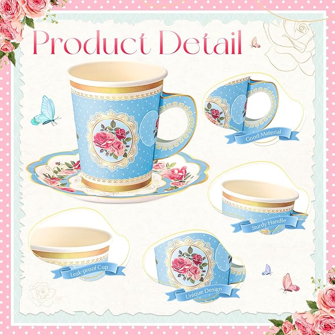 Domensi 60 Pieces Tea Party Decorations Include 30 Pcs 9 oz Paper Cups with Handle and 30 Pcs Tea Party Paper Plates Disposable Blossom Teacups and Saucers for wedding Favors(Bright Style)