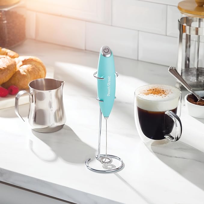 Powerful Handheld Milk Frother, Mini Milk Foamer, Battery Operated (Not included) Stainless Steel Drink Mixer with Frother Stand for Coffee, Lattes, Cappuccino, Frappe, Matcha, Hot Chocolate. (Aqua)