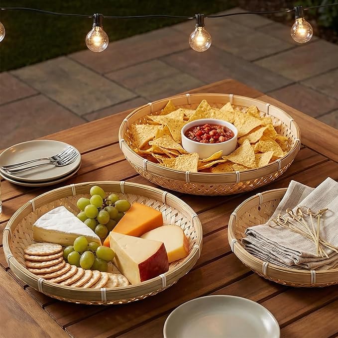 Hiceeden 3 Pack Round Bamboo Serving Trays, Decorative Wicker Basket Tray for Food, Natural Woven Shallow Tray for Fruit, Vegetables, Bread