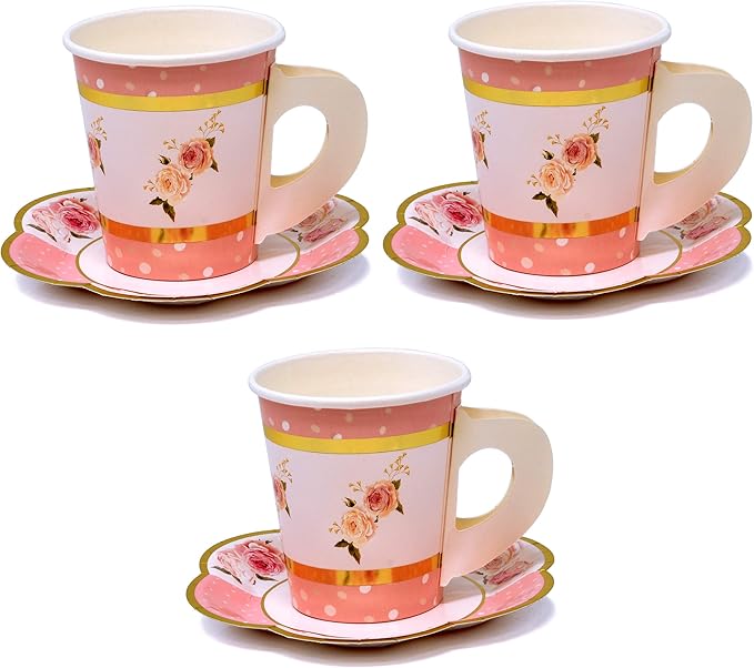 Gift Boutique 36 Paper Tea Cups with Handles and 36 Floral Shaped Saucers Disposable Teacup Set for Kids Adults Birthday Baby Bridal Shower Tea Party