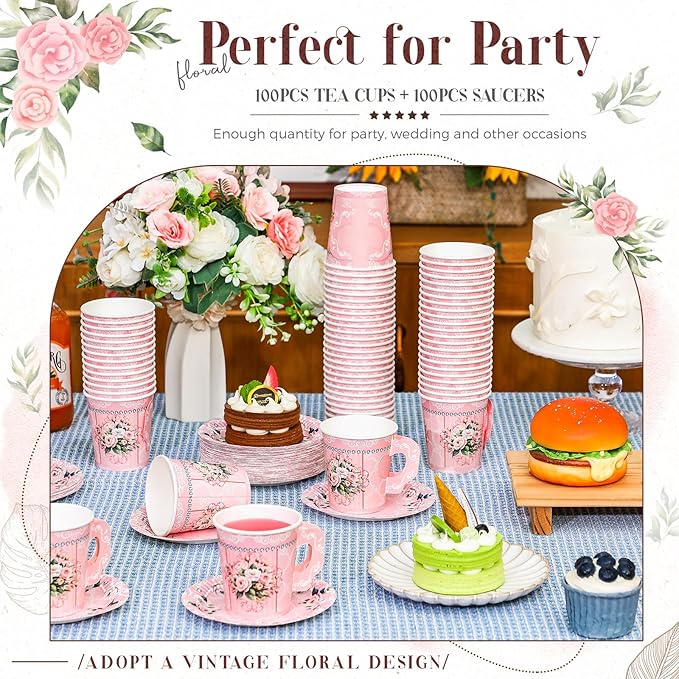 200 Pcs Floral Paper Tea Cups and Saucers 7 oz Disposable Tea Party Decorations Vintage Cute Paper Tea Cups and Plates with Handles for Girls Wedding Baby Bridal Shower Birthday, Serve 100(Pink)