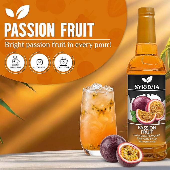 Syruvia Passion Fruit Flavored Syrup for Drinks, Cocktails, Lemonades, Iced Teas and Desserts – 25.4 fl oz, With Pump