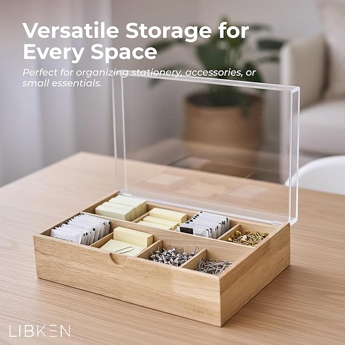 Wooden Tea Bag Organizer Box – 8 Compartment Tea Storage with Clear Lid – Minimalist Scandinavian Design – Versatile Wooden Tea Box for Tea Bags, Jewelry, Crafts, Office & Countertop Storage