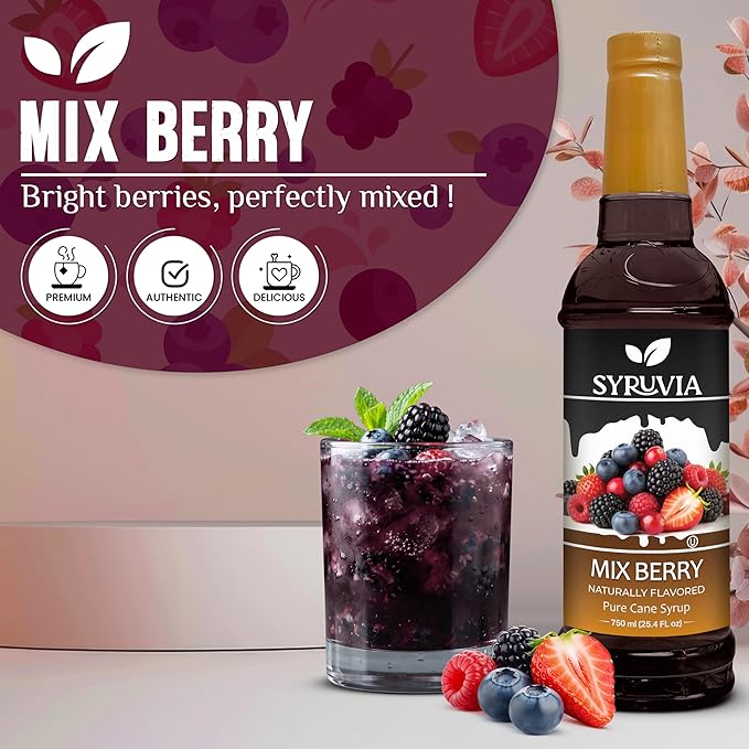Syruvia Mix Berry Flavored Syrup for Drinks, Cocktails, Lemonades, Iced Teas and Desserts – 25.4 fl oz, With Pump