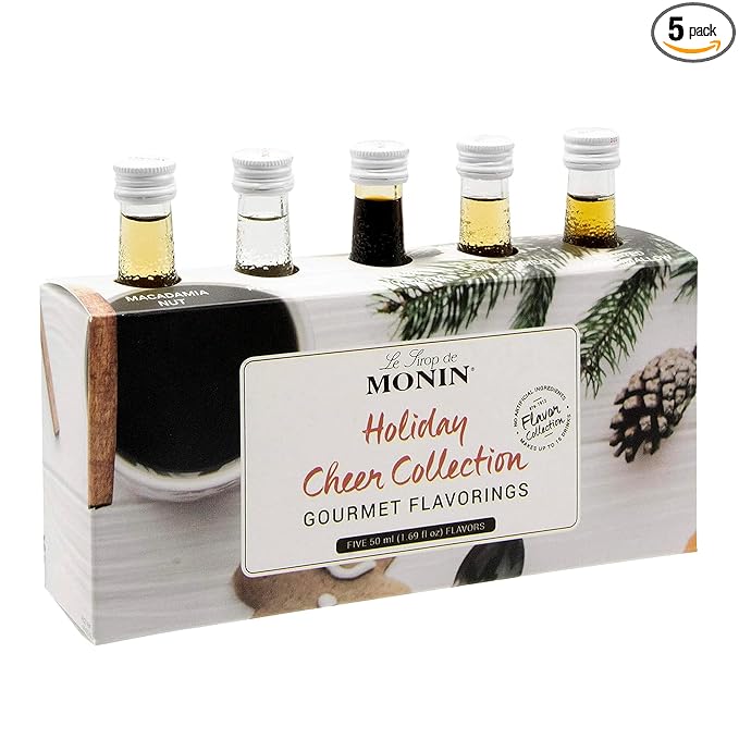 Monin - 5 Flavor Holiday Cheer Collection: Macadamia Nut, Peppermint, Cookie Butter, Toasted Marshmallow, & Gingerbread, Natural Flavors for All Drinks, Gluten-Free (1.69 oz per bottle)