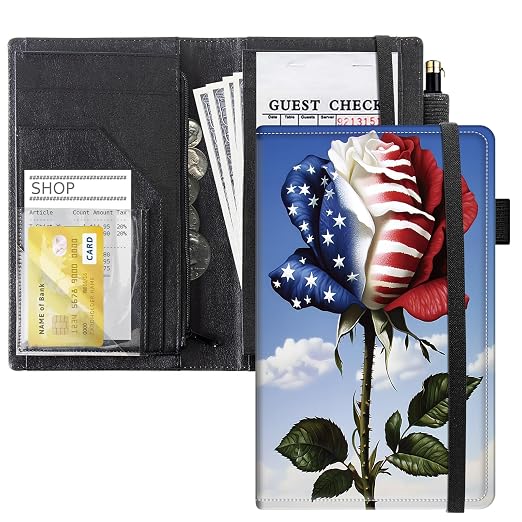 Server Books for Waitress, 5x9 Inch Waitstaff Server Order Pads, 11 Large Pockets, Cute PU Leather Waitress Book Server Wallet with Elastic Band Fit Server Apron,USA Flag Rose by Unknown