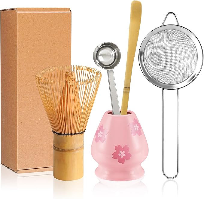 Matcha Whisk Set Matcha Making Kit Bamboo Chasen Ceramic Whisk Holder Stand Sifter Scoop Japanese Tea Tools (Pink Printing)