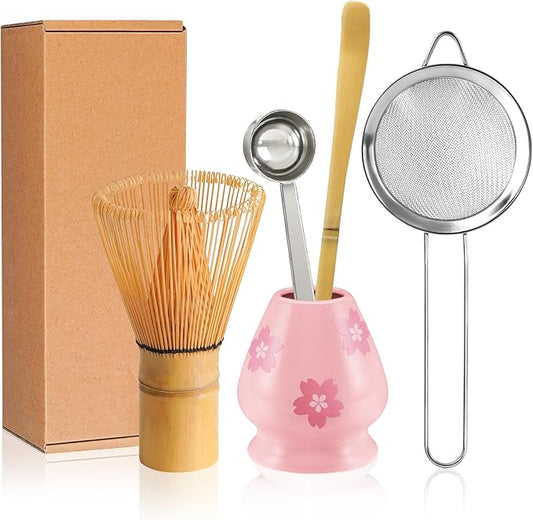 Matcha Whisk Set Matcha Making Kit Bamboo Chasen Ceramic Whisk Holder Stand Sifter Scoop Japanese Tea Tools (Pink Printing)