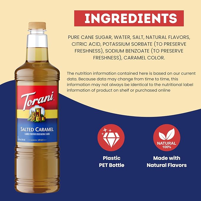 Torani Salted Caramel Flavoring Syrup 1 Liter Bottle with Pump Dispenser – Coffee Syrup for Lattes, Teas, Cocktails & Desserts – Premium Quality Flavored Syrup - Image 5