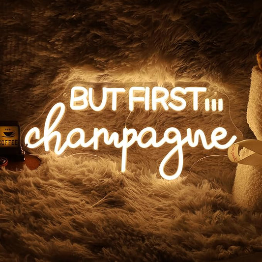 But First...Champagne Neon Sign – LED Wall Light for Champagne Wall, Party Backdrop, Bridal Shower, Bachelorette, Bar or Home Decor – Modern Pink Neon Aesthetic Sign (17 * 8 Inch)