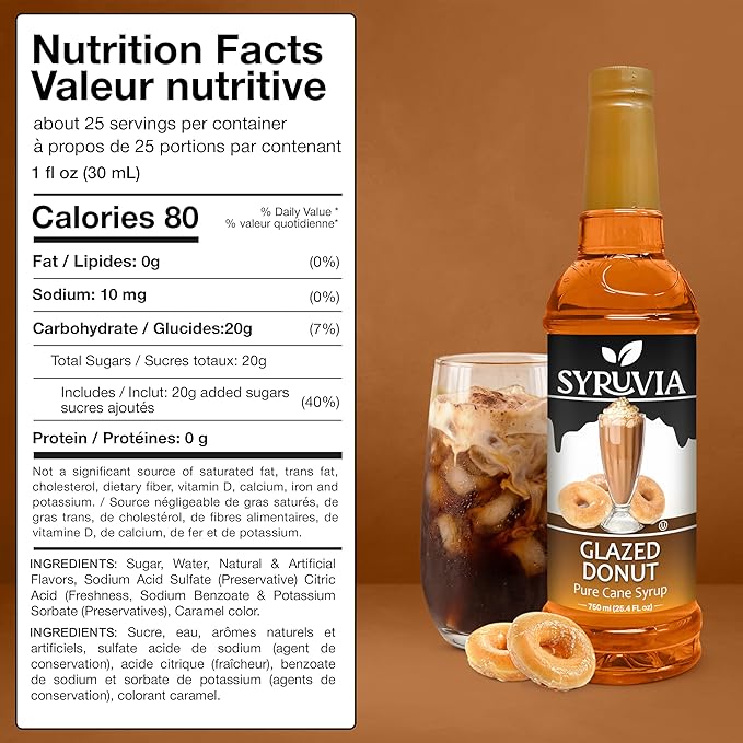 Syruvia Glazed Donut Coffee Syrup - 25.4 fl oz Premium Coffee Flavoring Syrup - Kosher Coffee Syrups, Gluten Free, No Coloring, Perfect for Drinks, Soda, Shakes, Desserts, and More With Pump