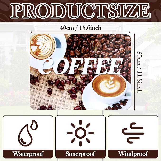 AceOrbit 3 Pcs 12"x16" Coffee Yard Signs with H Ground Stake for Coffee Station Waterproof Business Advertising Sign for Cafe Bar Restaurant Cafe Shop Dining Room Garden Decoration