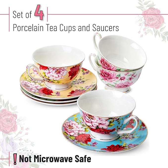 BTaT- Floral Tea Cups and Saucers with Gift Box, 8 oz, Tea Cups Set of 4