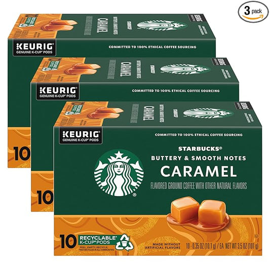 Starbucks Flavored Coffee K-Cup Pods, Caramel Flavored Coffee, Made without Artificial Flavors, Keurig Genuine K-Cup Pods, 10 CT K-Cups/Box (Pack of 3 Boxes)