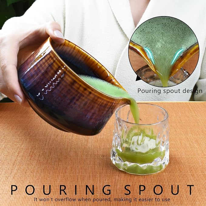 Artcome Matcha Tool Set - Complete Kit with Matcha Bowl with Spout, Bamboo Whisk, Tea Scoop & Whisk Holder, Red-Blue Glaze