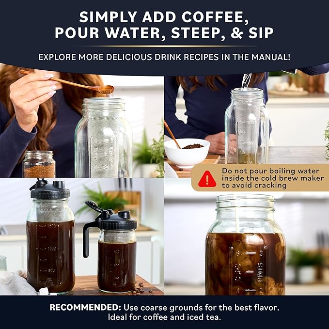 Home Hero Cold Brew Coffee Maker Glass Pitcher - Easy Mason-Style Cold Brew Jar - Smooth Iced Coffee Maker Experience - Leakproof Flip Cap & On-the-Go Lid for Iced Tea Pitcher - 64 Oz, Black