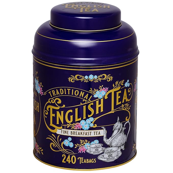 New English Teas Vintage Victorian Tea Tin in Royal Purple With 240 English Breakfast Teabags, Forget Me Not Florals