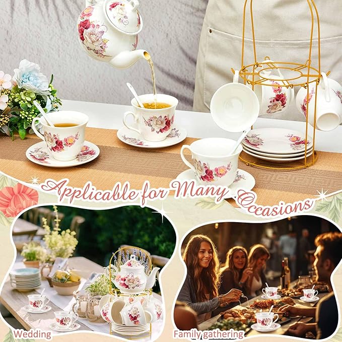 Zhehao 20 Pcs Porcelain Tea Set with Metal Holder and Spoon Adult Ceramic Tea Set European Flower Painting Teapot Cup Saucer Spoon for Women, Large Version(Grace Style)