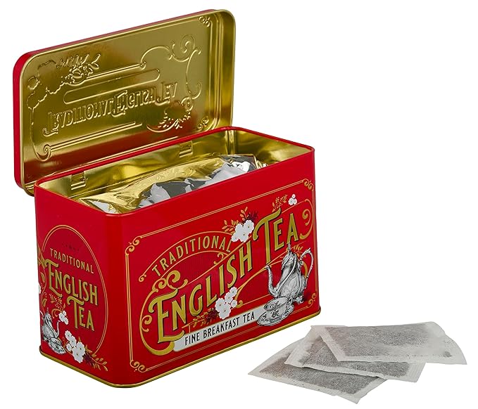 New English Teas Vintage Victorian Tea Tin in Berry-Red with 40 English Breakfast Teabags