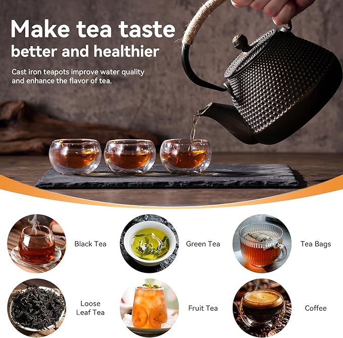 Cast Iron Teapot, 32 oz (950 ml) Japanese Tetsubin Tea Pot with Infuser for Stovetop Safe, Tea Kettle with Enameled Interior for Loose Leaf Tea and Tea Bags