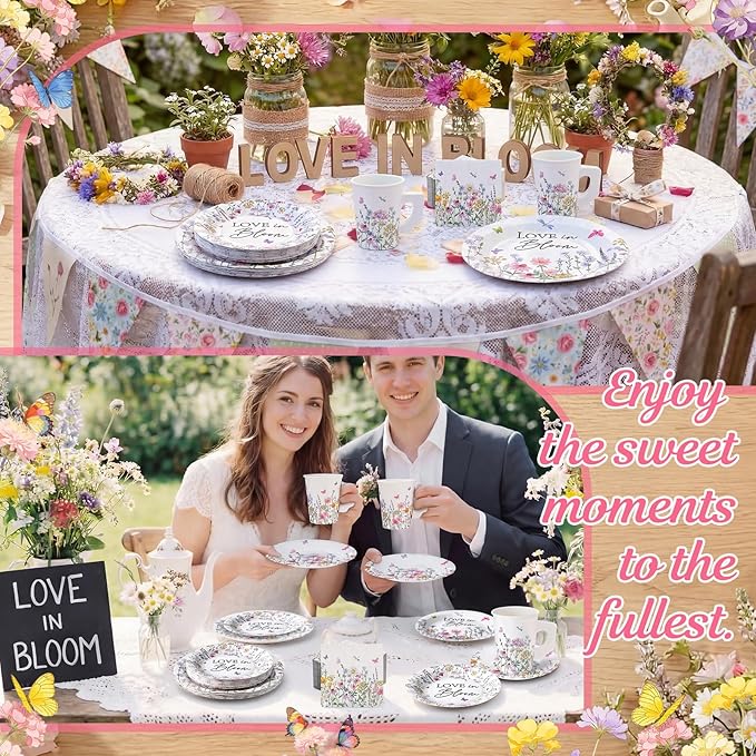 Pickmesh 252 Pcs Love in Bloom Tea Party Supplies for 36 Guests Wildflower Paper Disposable Dinnerware Flower Teacup with Handle and Saucers Set for Tea Party Decorations Birthday Baby Shower Wedding