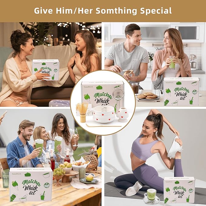 5pcs Premium Matcha Set,Ceramic Bowl with Spout and Bamboo Whisk set, Hearts Matcha Kit for breakfast/latte,Tea Starter Making Kit,Valentine Matcha Gift set (love)