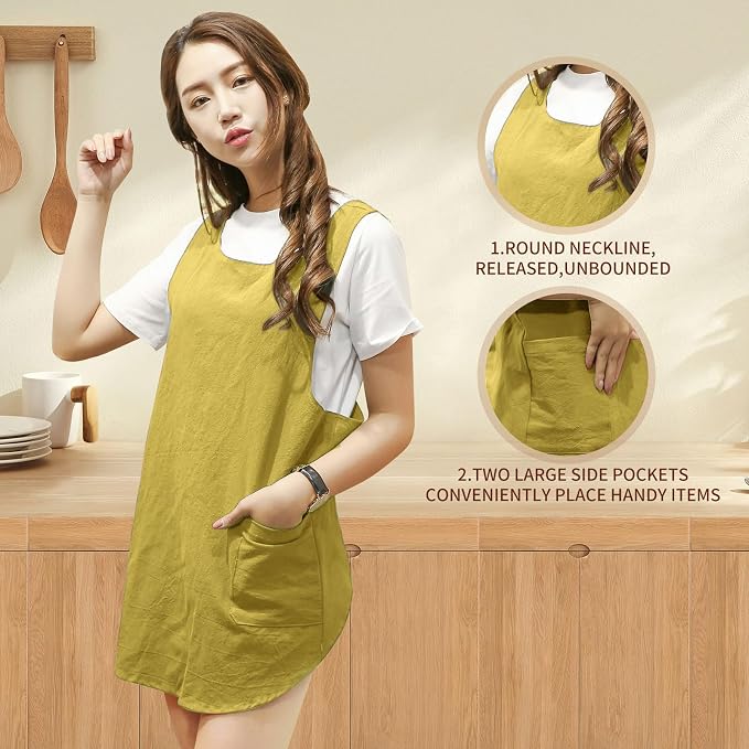 Shortened Design Apron, Japanese Style Soft Cotton Linen Apron with Two Side Pockets, X Cross Halter Aprons, Kitchen Cooking Clothes Gift for Women DIY Project, Crafting, Cooking, Baking(Yellow) - Image 3
