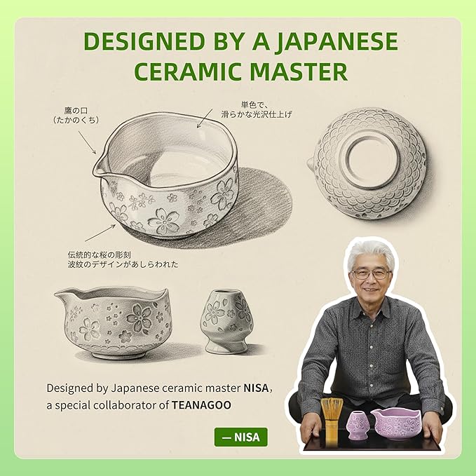 TEANAGOO 7-PCS Purple Matcha Whisk Set with Cherry Blossom Design, Complete Ceremony Kit, Ceramic Chawan Bowl with Spout, Whisk & Accessories, Traditional Matcha Tea Set for Lattes& Gift Giving