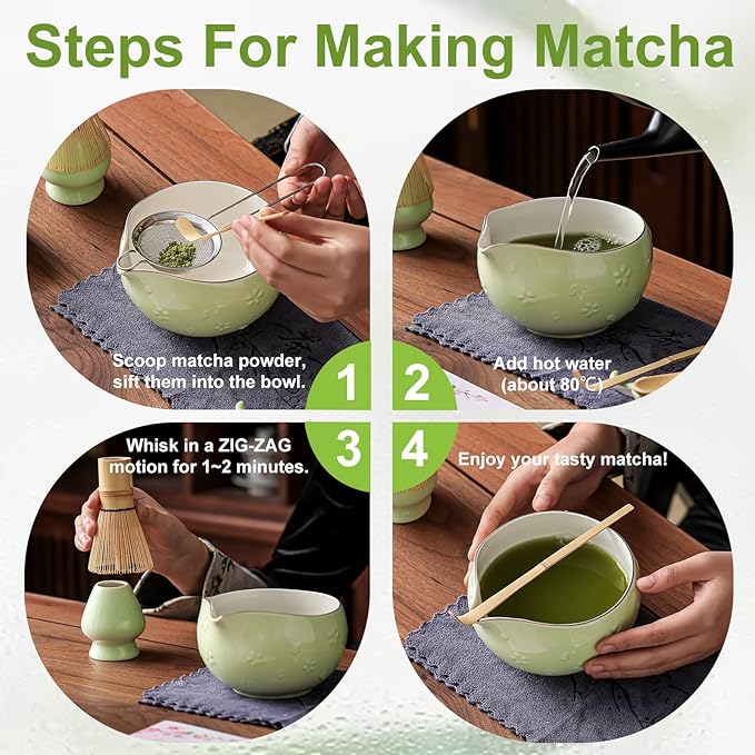 Clay&Fire Matcha Whisk Set, 9 pcs Ceramic Matcha Set, Gifts for Women,Matcha Bowl with Spout and Whisk, Matcha Kit for Matcha Lovers, Ideal Gift Christmas, Birthday, Anniversary (Cherry Bloom-Green)