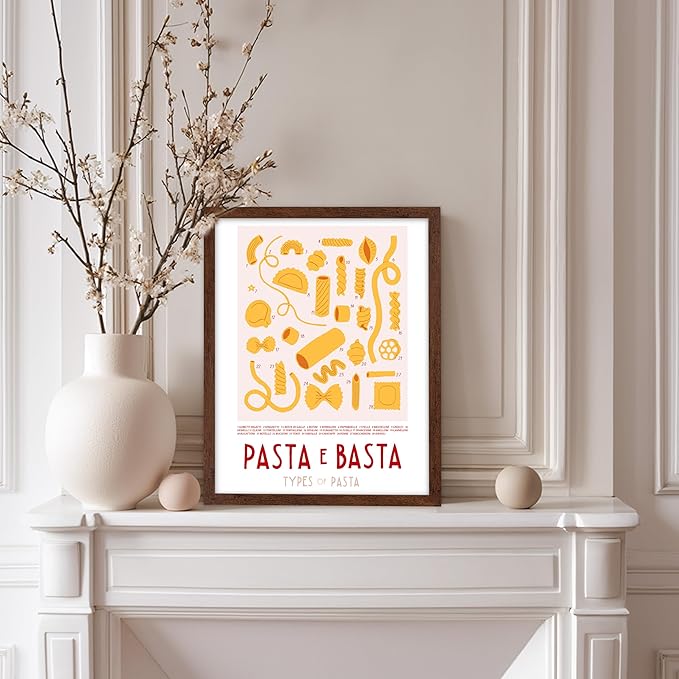 Poster Master Vintage Illustration Poster - Retro Food Print - Types of Pasta, Yellow, Spaghetti, Rotini, Penne - Gift for Artist, Chef - Wall Decor for Kitchen, Restaurant, 8x10 Brown Framed