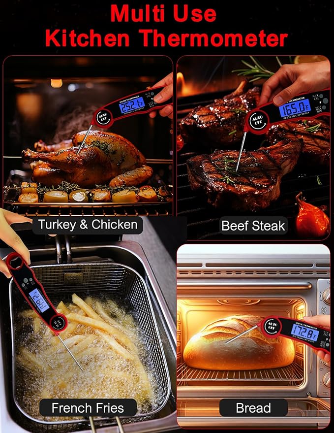 Meat Thermometer Digital, Instant Read Food Thermometer for Cooking Grill BBQ Fryer, Waterproof & Backlit Display Digital Meat Thermometer - Kitchen Gadgets, Turkey Thermometer