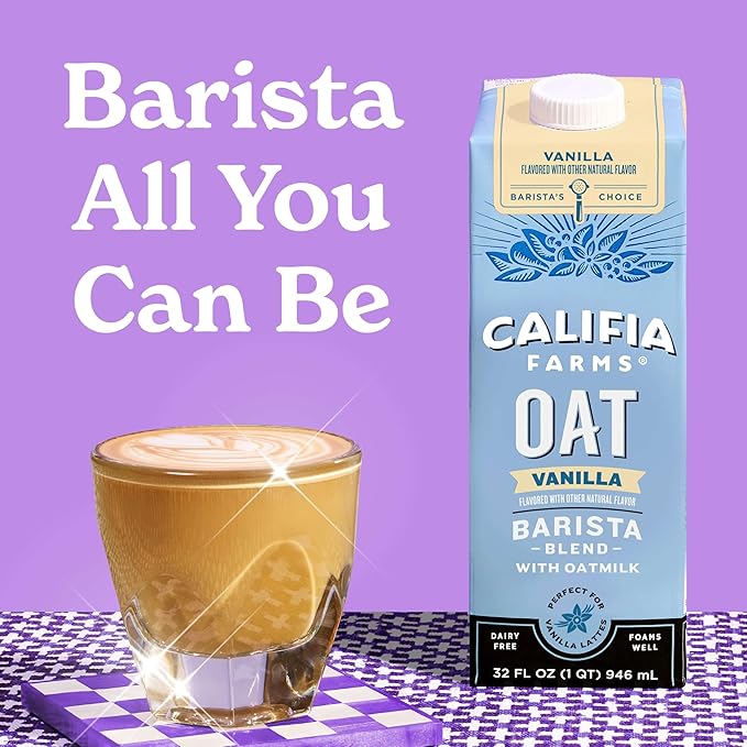 Califia Farms – Vanilla Oat Barista Blend Oat Milk,32 Oz,Shelf Stable,Dairy Free,Plant Based,Vegan,Gluten Free,Non GMO,Milk Frother,Creamer,Blue,(Pack of 12)