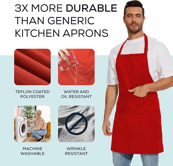 Will Well Kitchen 2 Pack Bib Apron For Men & Women with 2 Pockets - Red | Unisex 33'' x 27'' Oil & Water Resistant Soft Kitchen Chef Apron with Adjustable Neck Strap & 38'' Waist Ties for Snug Fit - Image 3