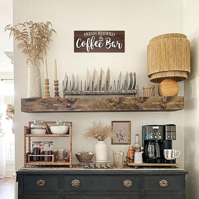 Rustic Coffee Bar Sign Wall Decor - Vintage Wood Grain Hanging Plaque for Kitchen, Cafe Bar Home Housewarming - Farmhouse Style Coffee Station Accessories, Self Serve Fresh Brewed Sign - 13.7x5.9 Inch