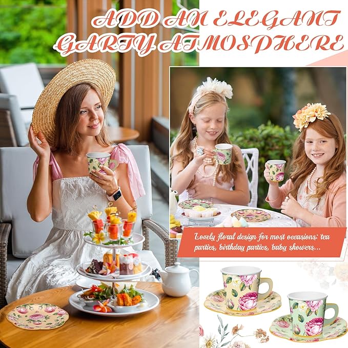Umigy 36 Sets Tea Party Decorations 6.5 oz Floral Paper Tea Cups with Plates Disposable Blossom Teacups and Saucers Sets for Girls Women Birthday Party Supplies(Vintage Style,36 Pcs)
