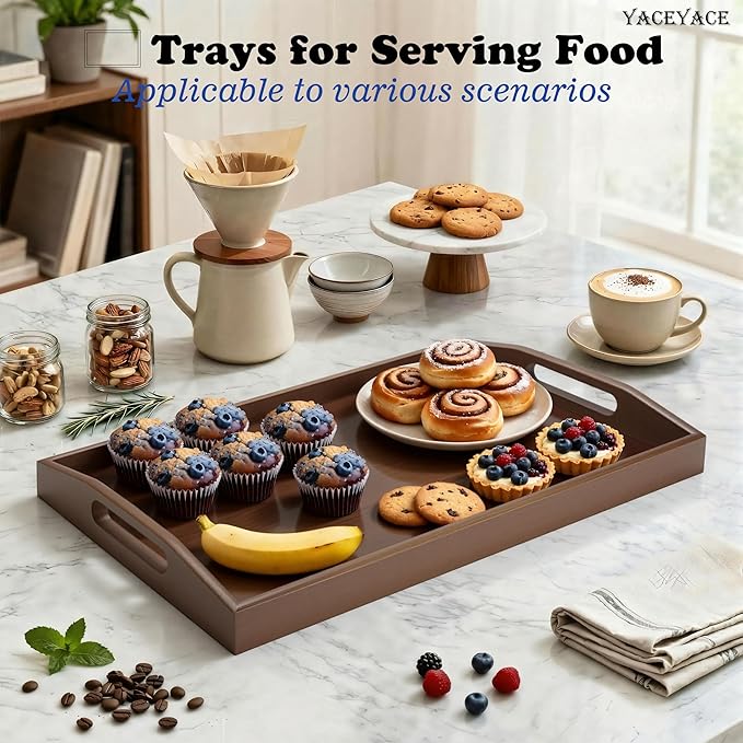 Bamboo Serving Tray with Handle, 15"x9.8"x2" Small Serving Tray for Ottoman, Coffee Table, Bamboo Tray for Party, Breakfast, Drink