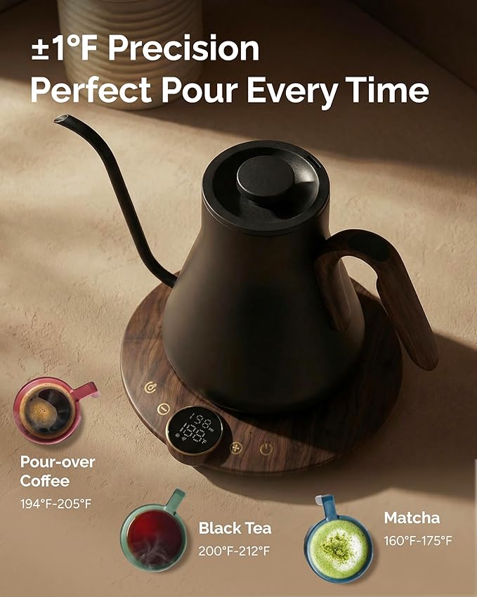 Gooseneck Electric Kettle, ±1℉ Temperature Control, Stainless Steel Inner, Quick Heating, for Pour Over Coffee, Brew Tea, Boil Hot Water, 1500W/0.9L (Glossy Black)